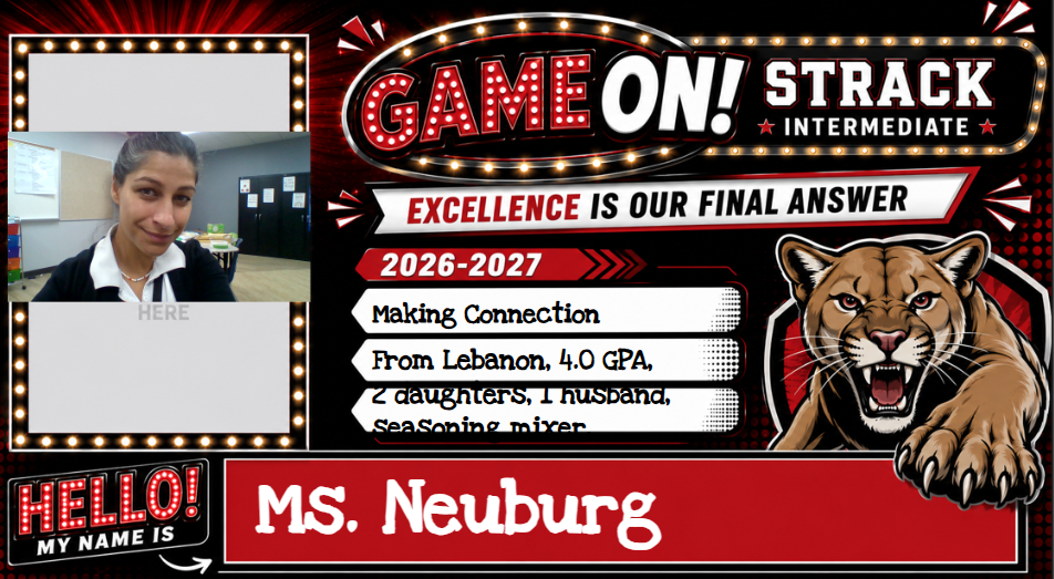 A banner with "GAME ON! STRACK" in large red letters and a lion mascot. Below, a woman says hello.