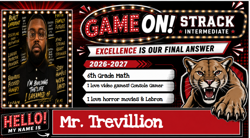 A black and red banner shows "Game On! Strack Intermediate Excellence Is Our Final Answer 2026-2027" with a lion and a man.