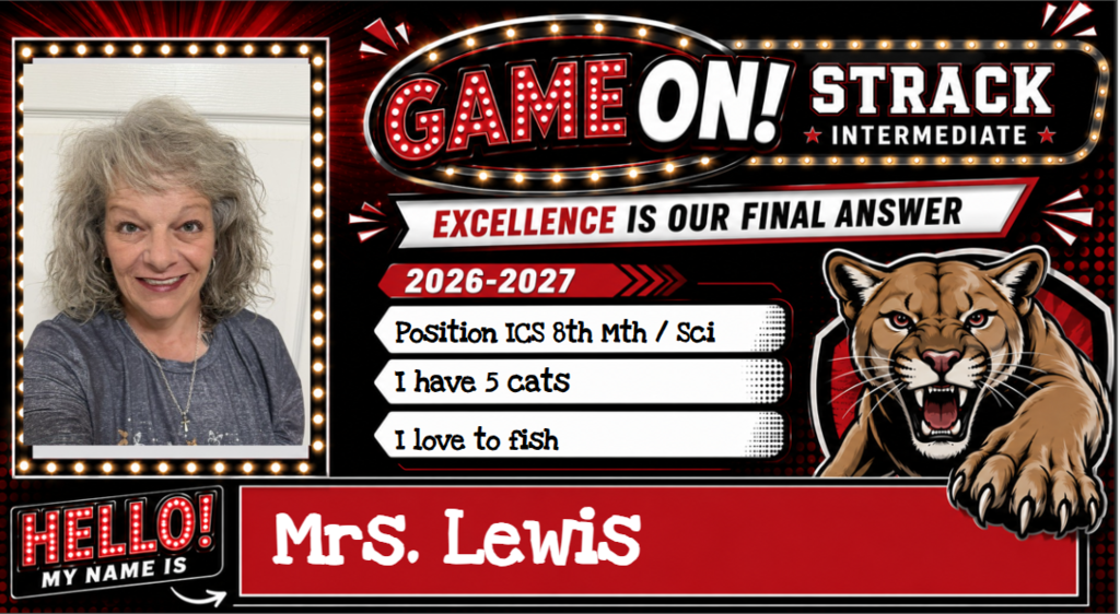 A digital card with a smiling person in a gray shirt. Text reads "Game On! Strack" and "Excellence is our final answer." An image of a cougar is present.