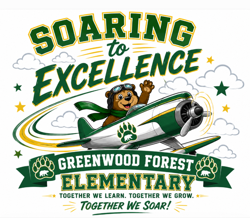 Brown Bear in white airplane with Greenwood Forest Logo 