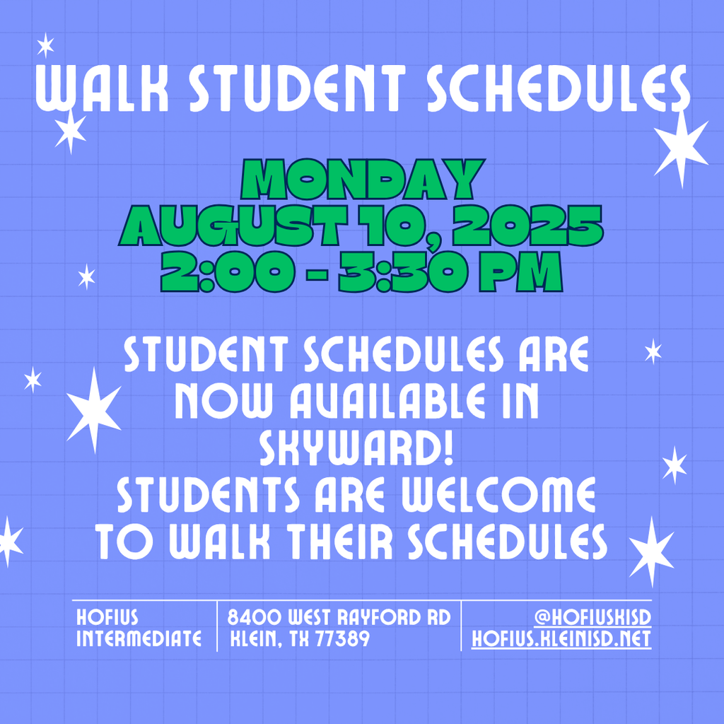 A blue poster with white stars advertises schedules for a student walk on August 10, 2025, from 2:00 to 3:30 PM.