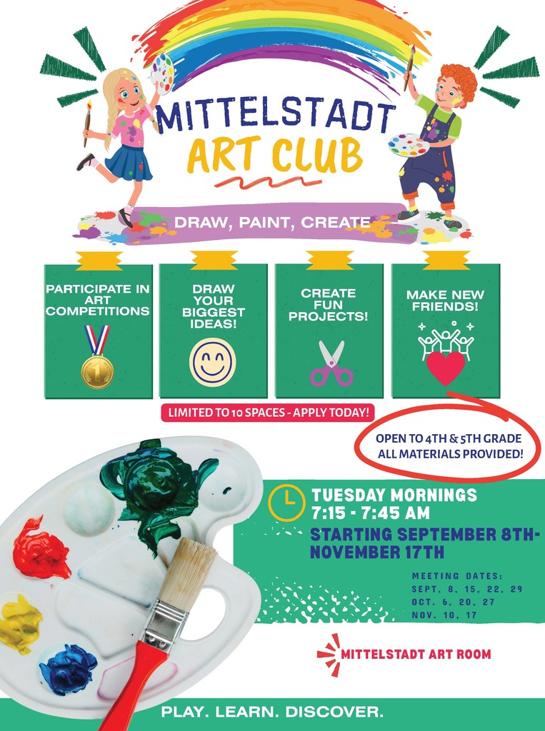 Poster with a rainbow in the background and children painting. Text reads "Mittelstadt Art Club: Draw, Paint, Create". Children participate in art competitions, draw, create, and make new friends.