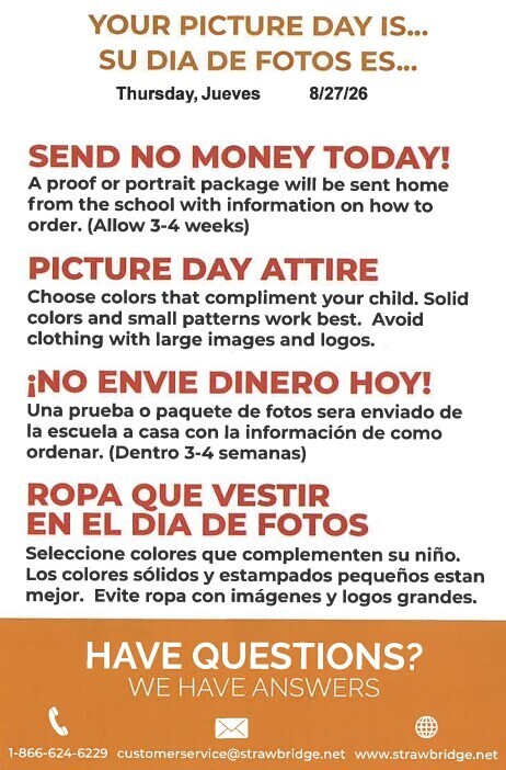 A poster with two languages: English and Spanish. It says when picture day is, what to wear, and how to order.