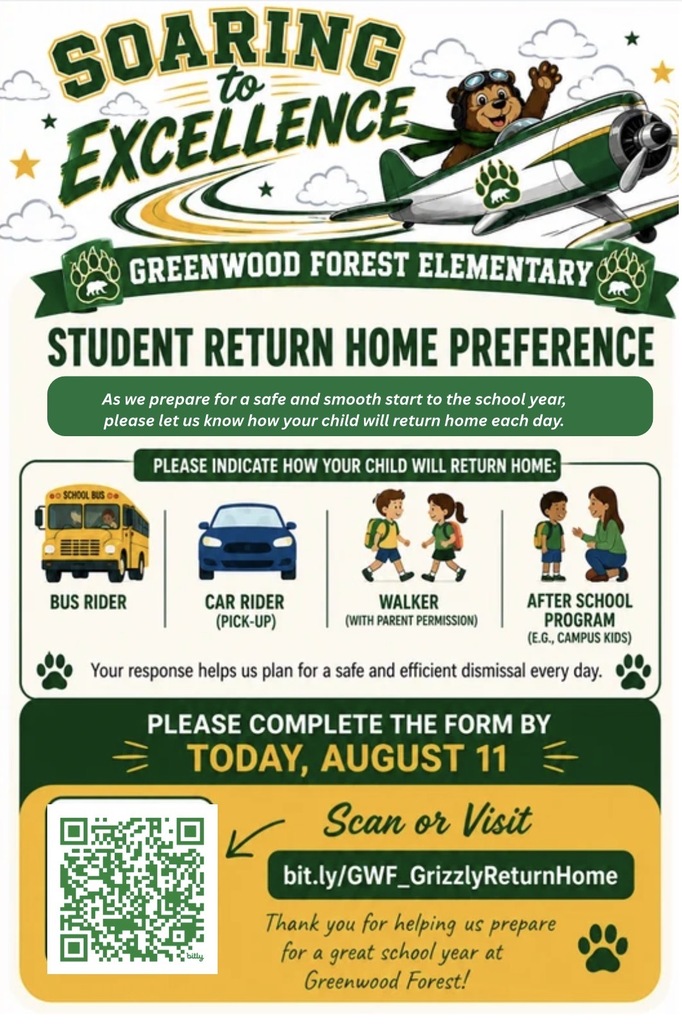Flyer with transportation request << Bus, car rider, walkers>>> yellow bus, blue car, walkers, and after school program 