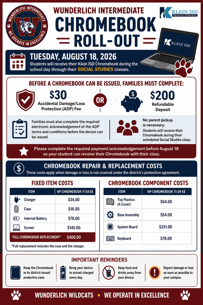 An informational flyer lists Chromebook repair and replacement costs, along with reminders for students to protect their devices.
