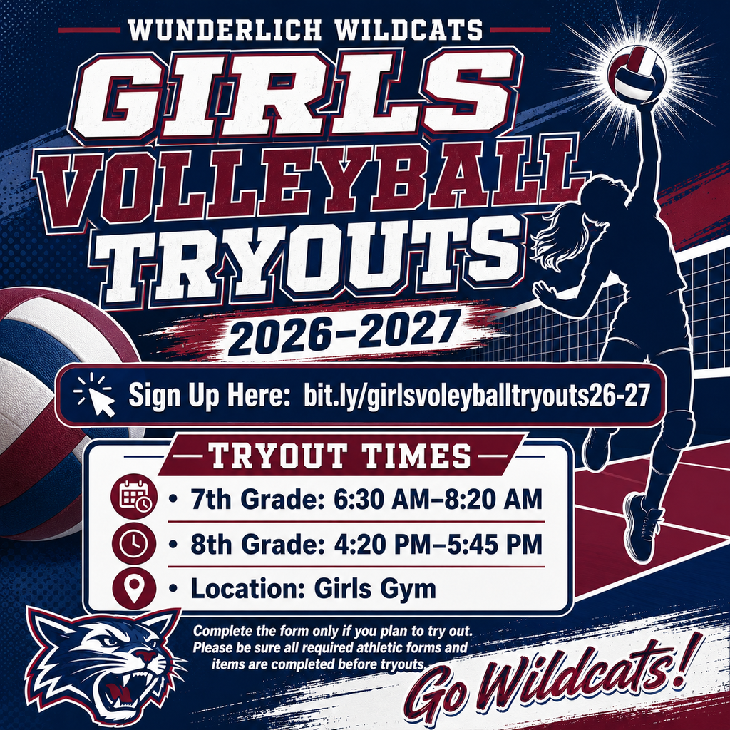Poster for 2026-2027 girls volleyball tryouts. Times for 7th and 8th grade. Location: Girls Gym.