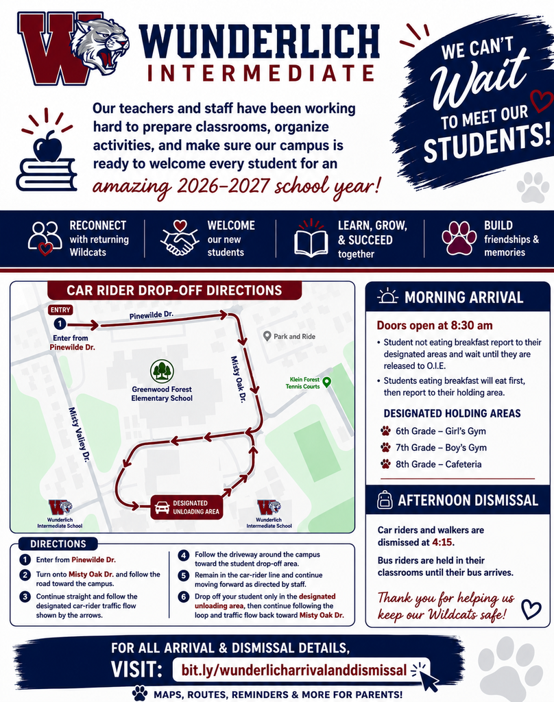 A colorful flyer for Wunderlich Intermediate School displays car rider drop-off directions and morning/afternoon dismissal times.