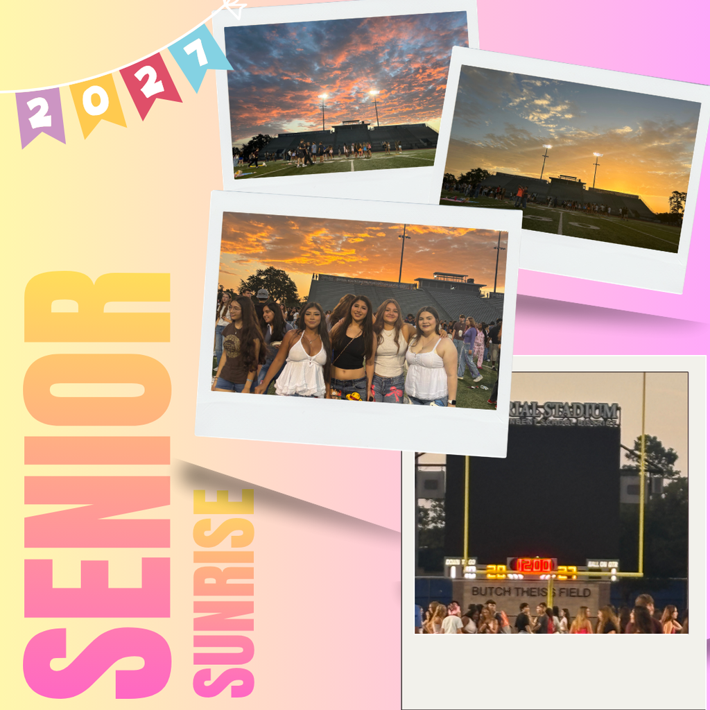 Four photos of people at a sunset, a football field, and a crowd. Words "Senior Sunrise" in pink, white, and orange text.