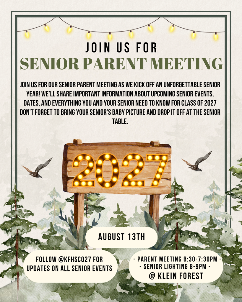 A flyer for a senior parent meeting features a wooden sign with illuminated numbers 2027. Birds fly above trees.