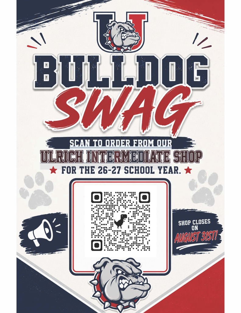 Poster for Bulldog Swag with red text, a dog face, paw prints, a megaphone, and a QR code.