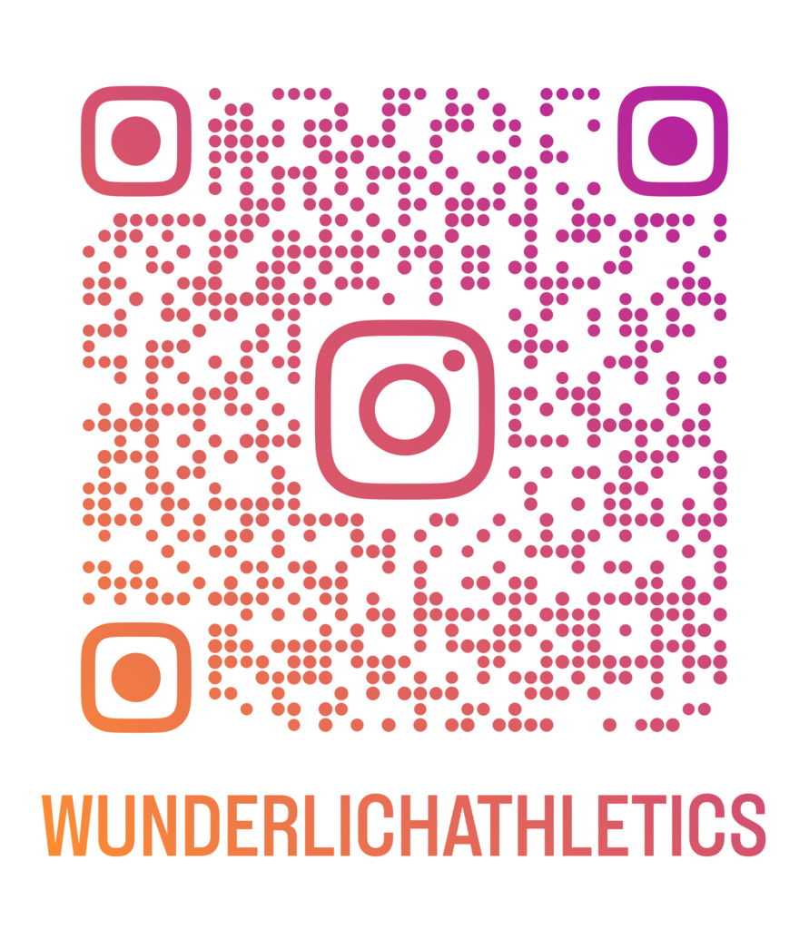 Square design with red dots forming a QR code and Instagram logo at center. Text "WUNDERLICHATHLETICS" below.