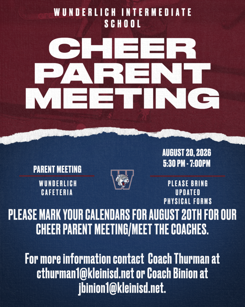 An event flyer for a Cheer Parent Meeting on August 20, 2026, at Wunderlich Intermediate School.