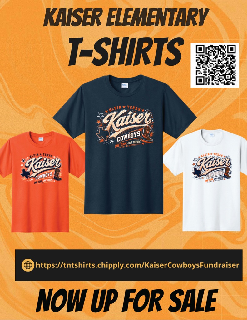 Three shirts, orange, dark blue, and white, each displaying "Kaiser" and "Cowboys" text. Below the shirts is a black QR code.