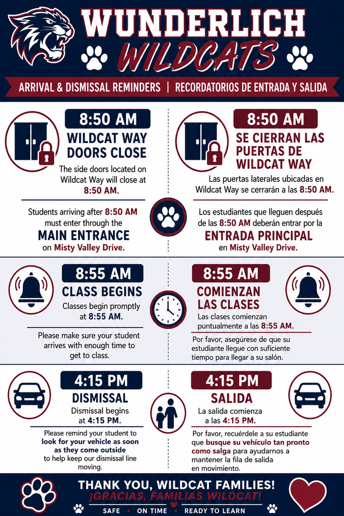 A bilingual school arrival and dismissal schedule with times, icons, and text in English and Spanish.