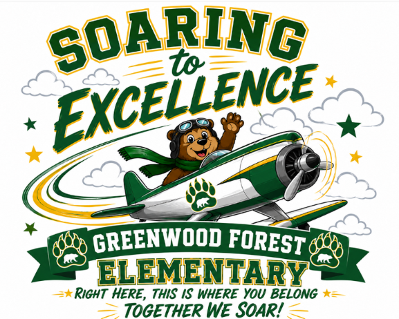 Brown Bear in white airplane with Greenwood Forest Logo 