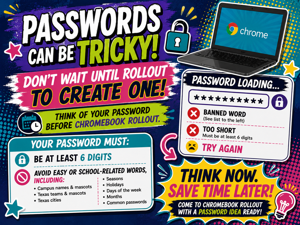 A poster with a laptop and Chrome browser open. Text highlights the importance of creating a password before Chromebook roll-out.