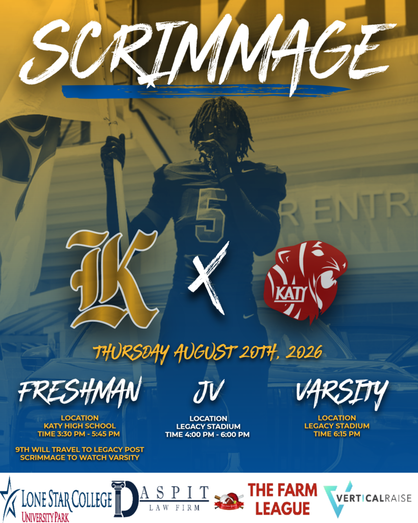 Poster with a football player in silhouette. Text reads "Scrimmage" and "X" between "JK" and "KAT". Dates and locations listed.