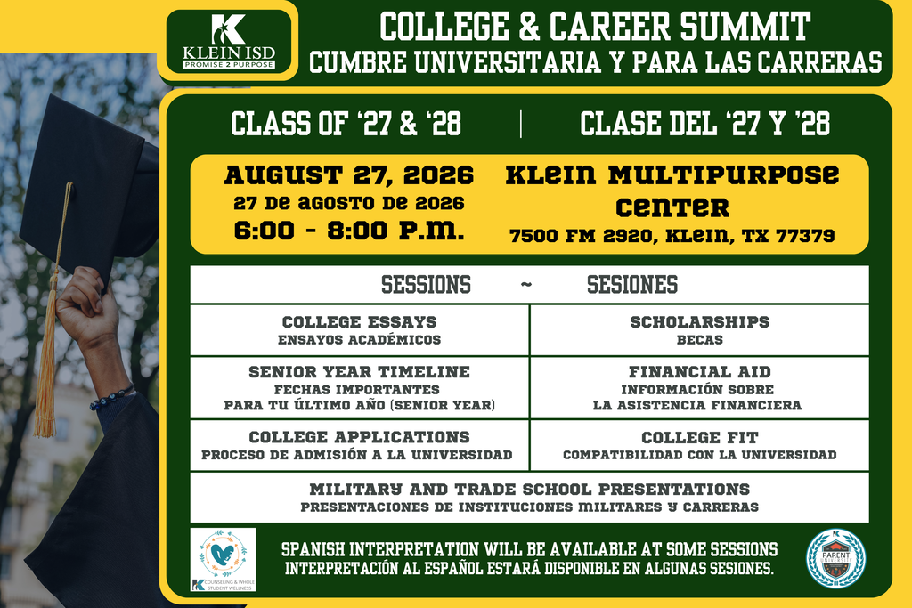 Poster advertising a College and Career Summit for Classes of 2027 and 2028. Sessions include college essays, senior year timeline, military and trade school presentations.