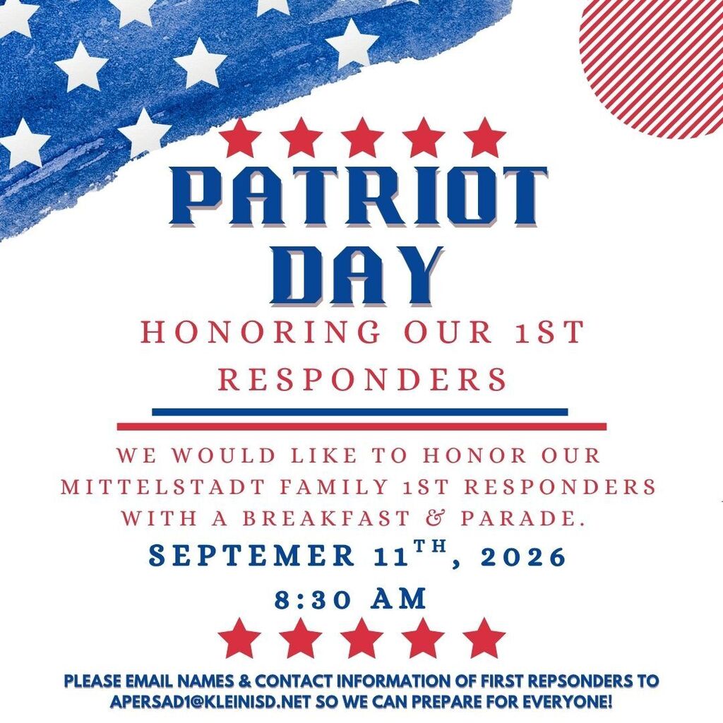 A poster reads "Patriot Day" and "Honoring our 1st Responders." A breakfast and parade are planned for Sept 11, 2026 at 8:30 am.