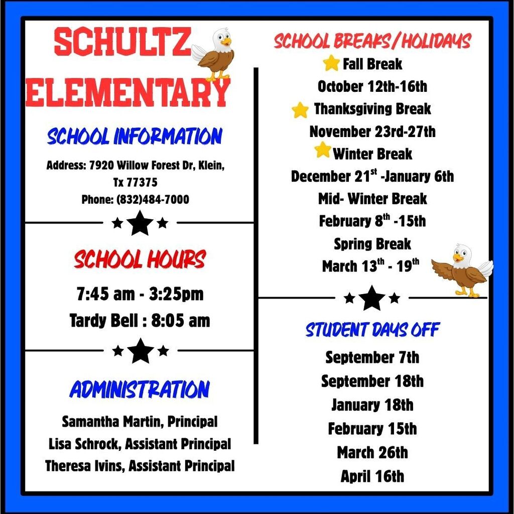 A schedule with headings for elementary school information, school hours, student days off, and holidays.
