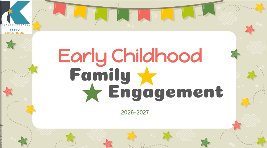 A white card with red and green text reads "Early Childhood Family Engagement 2026-2027". Colorful stars and bunting hang around.