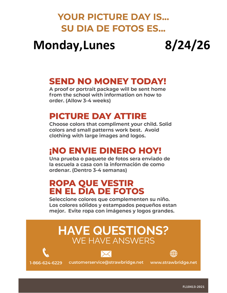 White background displays flyer. Text in English and Spanish. Date: 8/24/26. Contact info at bottom.