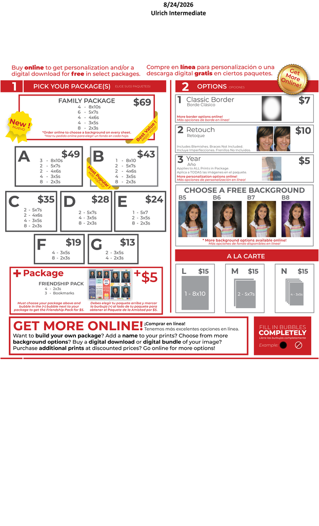 A flyer shows a selection of packages with different prices and options, including borders, backgrounds, and digital downloads.