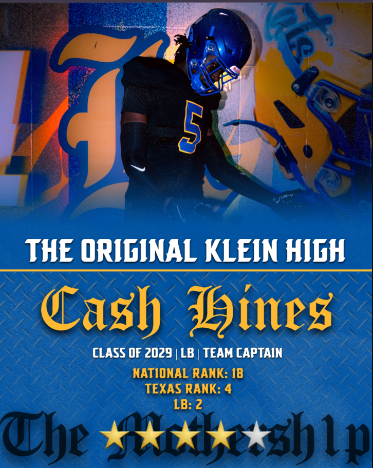 A poster with a blue background shows a football player in a blue helmet and black uniform, number 5. The text reads: "The Original Klein High Cash Hines."