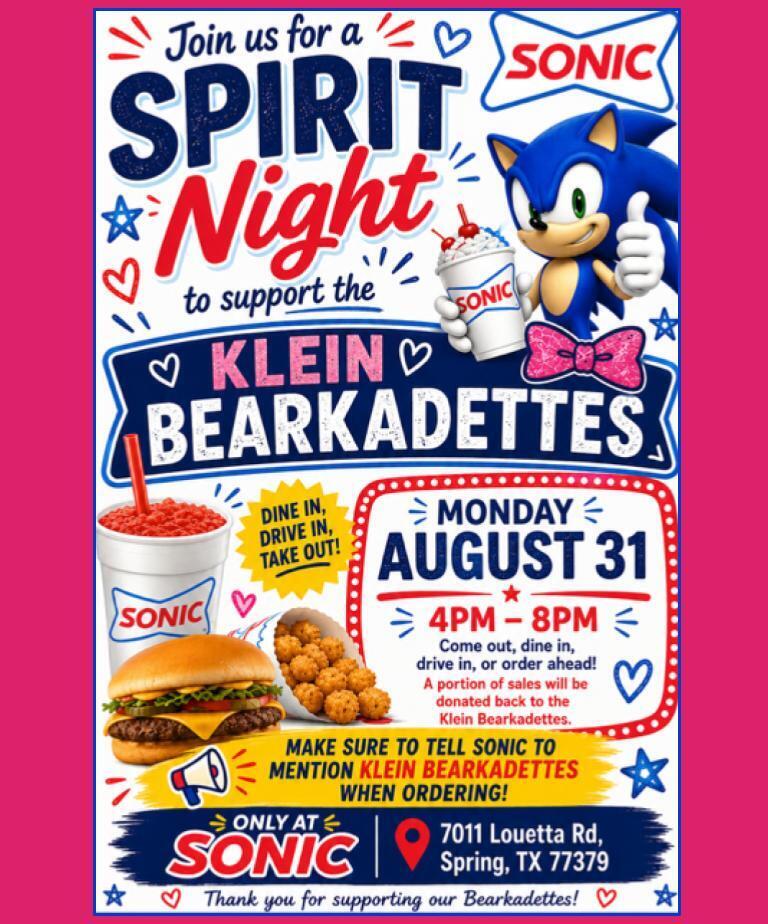 A poster advertises a Spirit Night on August 31, featuring Sonic food and drinks, and encourages customers to mention "Klein Bearkadettes" when ordering.