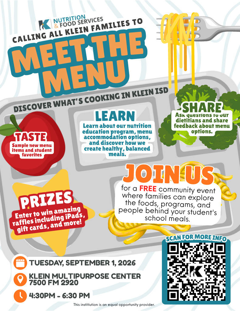 Flyer for Klein ISD Meet the Menu event