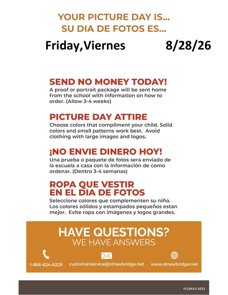 A bilingual flyer informs about Picture Day on Friday, August 28, 2026, advising no money to be sent. It recommends solid colors and small patterns for clothing.