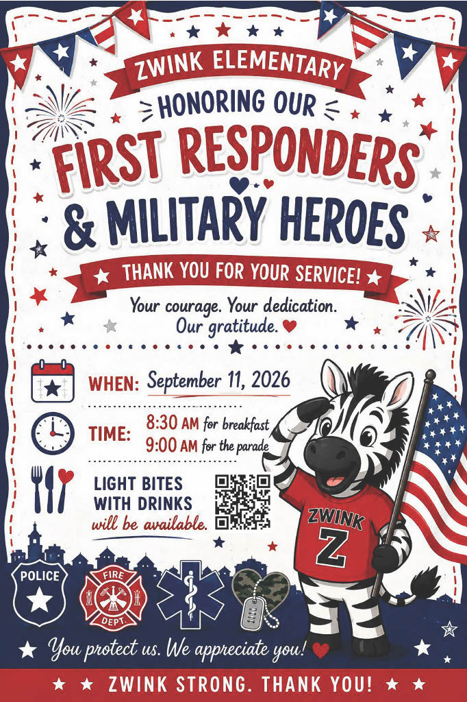 Poster with red, white, blue colors and fireworks. It features a zebra in a Zwink Elementary jersey saluting.