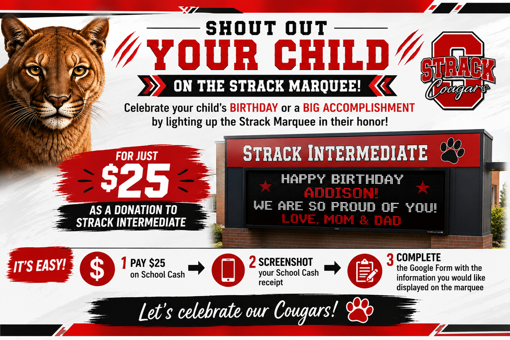 Poster with a cougar image, text, and symbols. Text reads "Shout out your child on the Strack Marquee!" Donation details for lighting up the marquee.