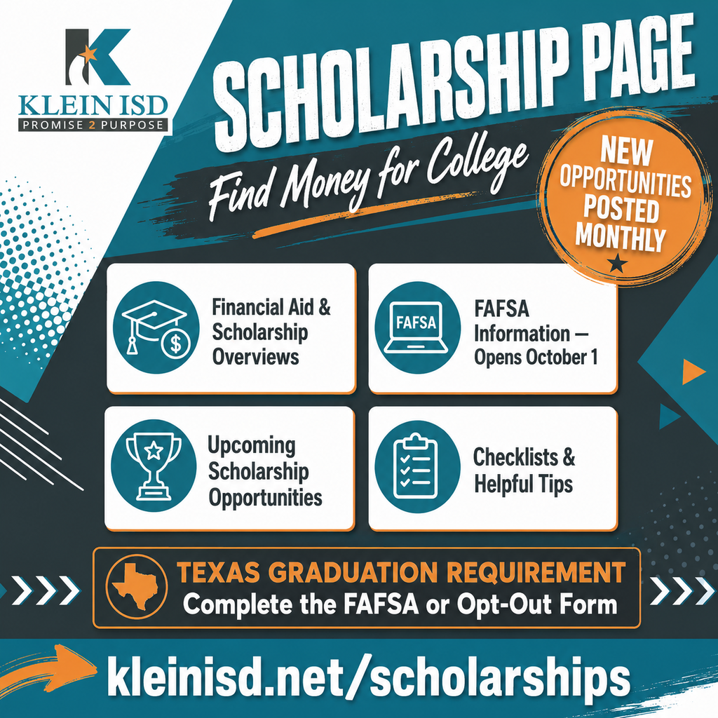 Blue and white ad with black background. Title reads "SCHOLARSHIP PAGE Find Money for College." Contains icons with text.