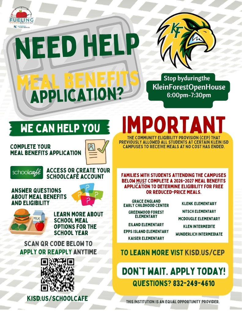 Poster with bold headings and icons. Text reads "Need Help Meal Benefits Application?" Includes instructions and information about accessing meal benefits.