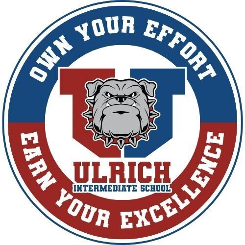 Blue and red circular emblem with a bulldog and the words "Own Your Effort, Earn Your Excellence" around it.