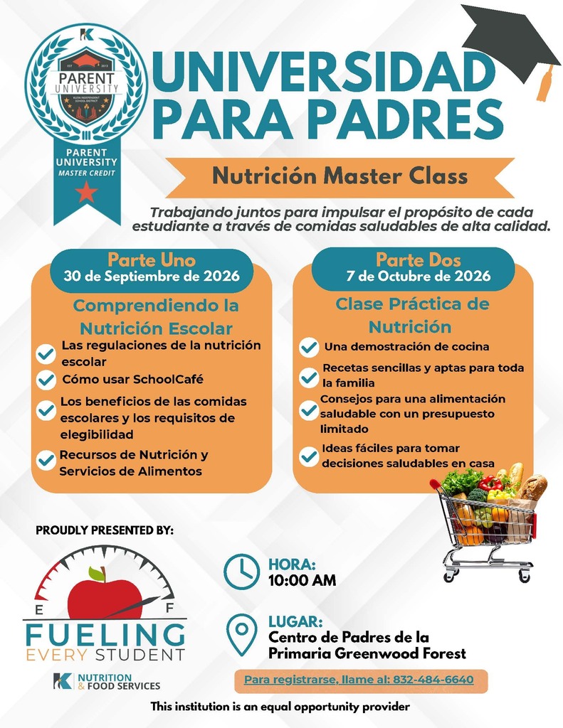 A flyer promotes "Universidad Para Padres" with Nutrition Master Class on Sept 30, 2022, and Oct 7, 2022. Topics include understanding school nutrition regulations and recipes.