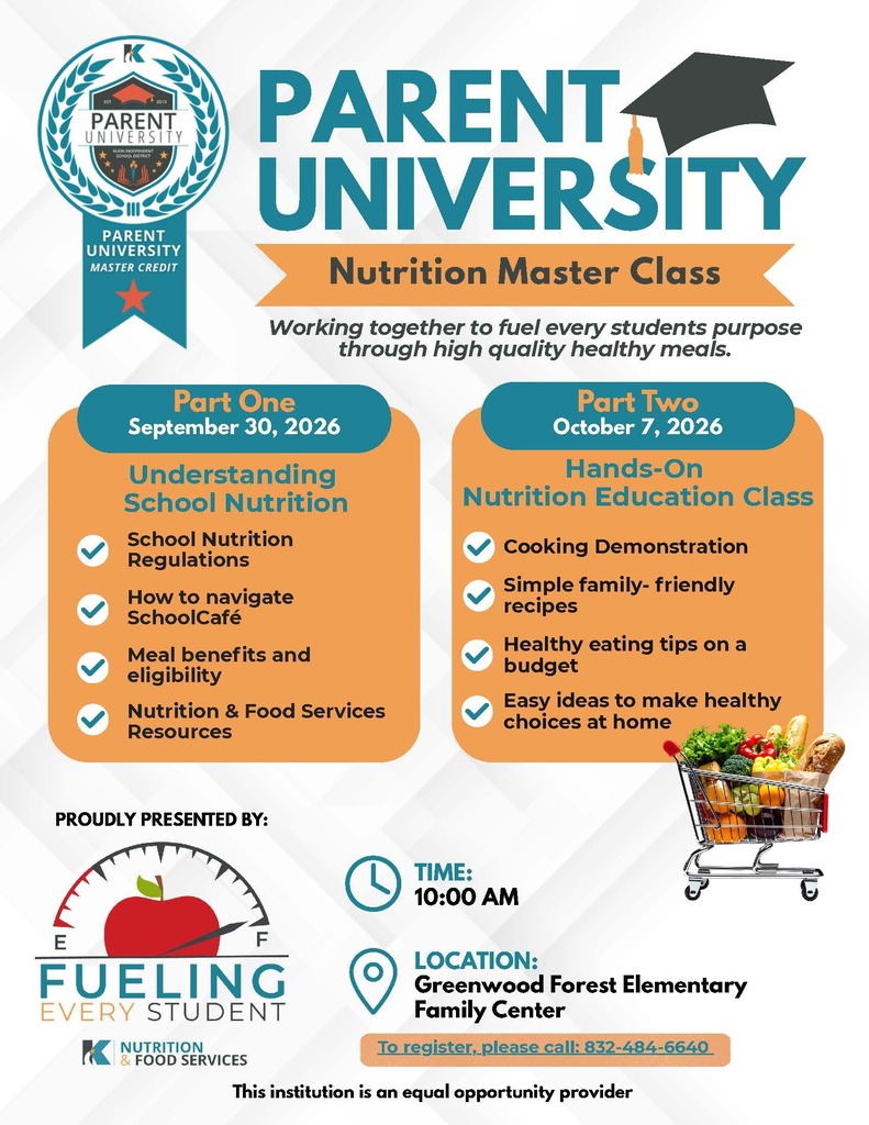Poster for Parent University Nutrition Master Class. It includes dates, times, and locations. It also has a grocery cart and food.
