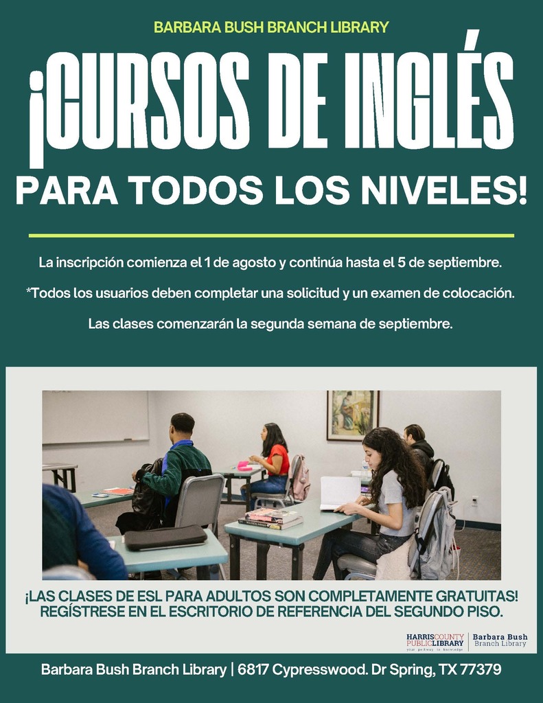 Advertisement for English classes. Text in Spanish. Image shows students in a classroom. Location details provided at the bottom.