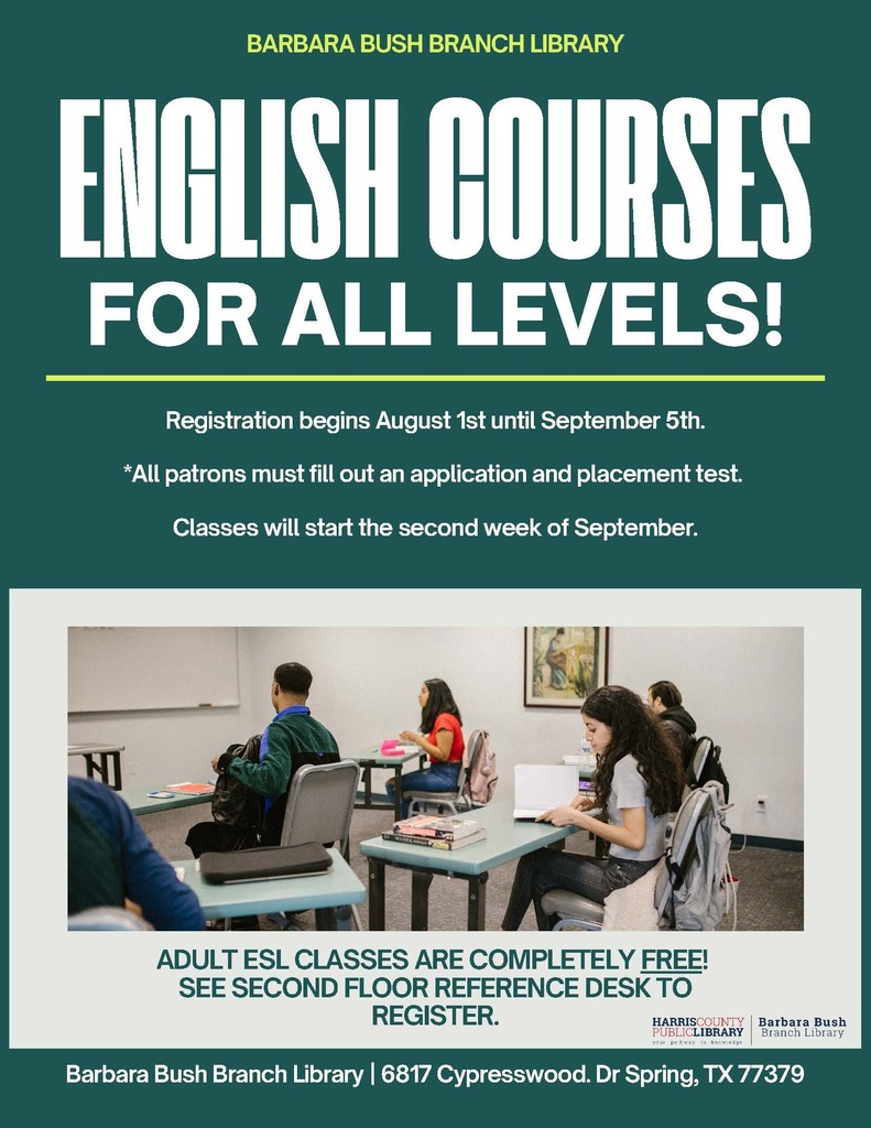 An advertisement for English courses at Barbara Bush Branch Library. It highlights the course levels, registration details, and free ESL classes.