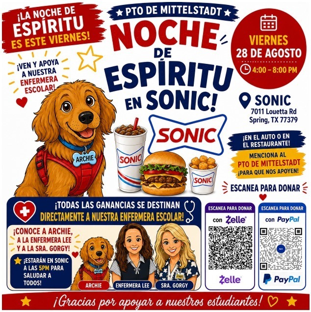 A poster for "Noche de Espiritu en Sonic!" features Sonic, a dog, a hamburger, and a drink.