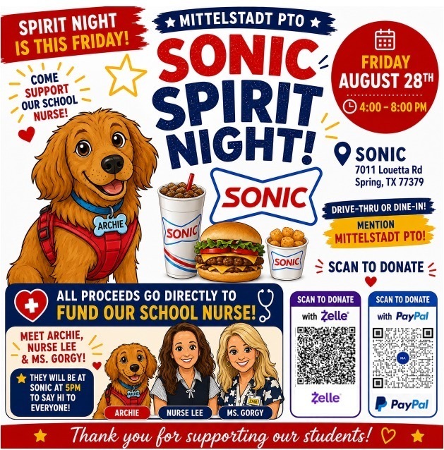 Poster advertises Sonic Spirit Night to support school nurse. Features dogs, burgers, fries, and donation options.