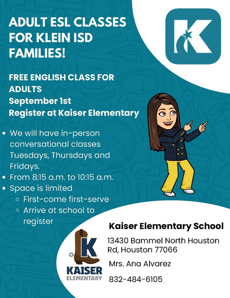 An advertisement for adult ESL classes at Klein ISD, showing a woman speaking to a crowd. Classes start September 1st and are free.