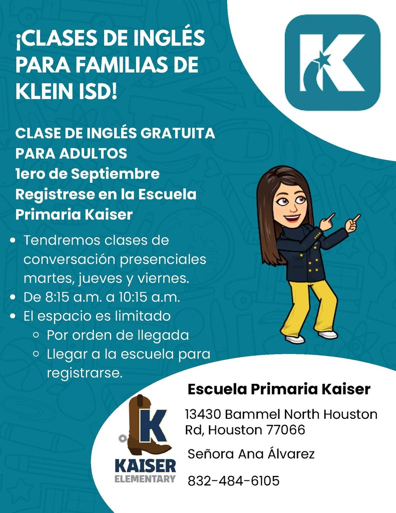 Advertisement for free English classes for families and adults, featuring a woman in navy blue with yellow pants, holding a pointer.