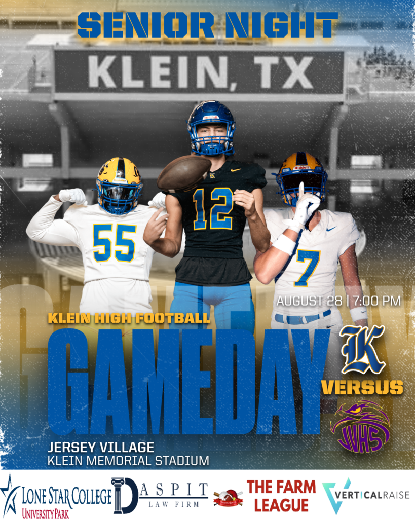 Poster for Klein High School's Senior Night football game with players in helmets and jerseys.