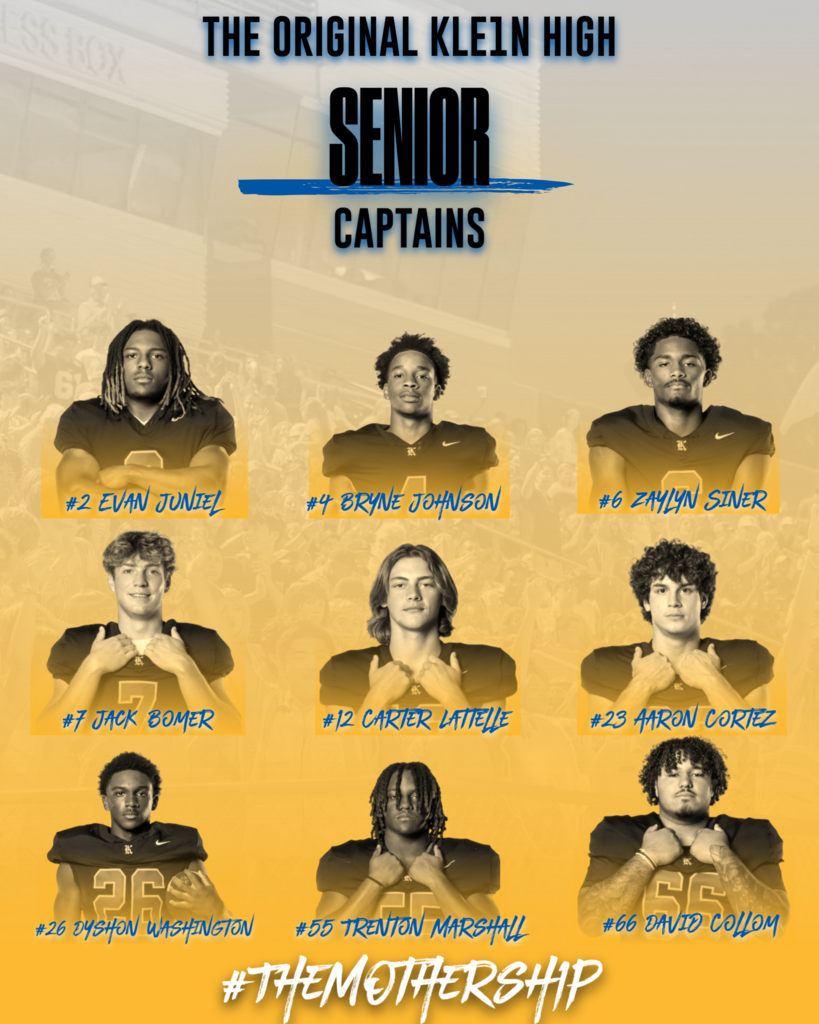 A yellow background displays the "Original Klein High Senior Captains" with eight player photos, each labeled with their number and name.