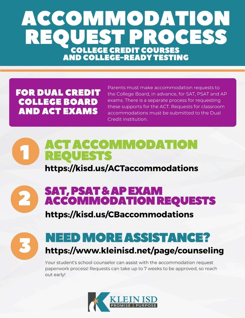 An infographic with a blue and white background presents the "Accommodation Request Process" for college credit courses and college-ready testing.