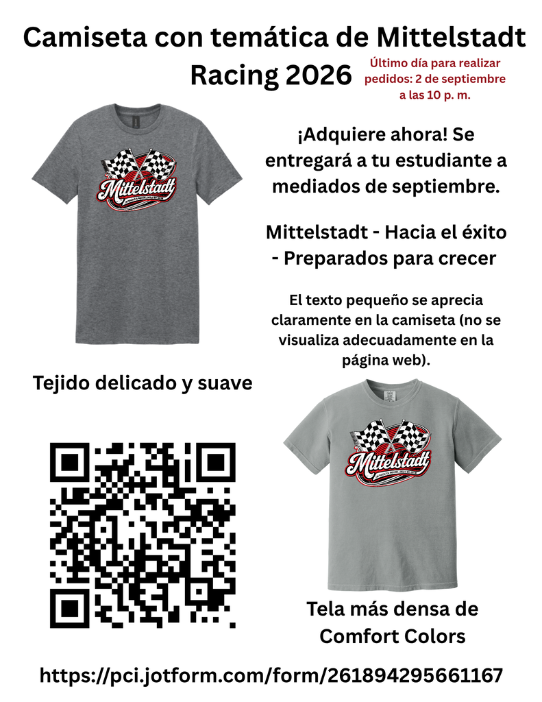 A gray shirt displays "Mittelstadt Racing 2026" with a logo. Instructions to order by September 2. QR code for website.
