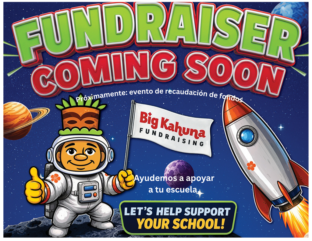 Poster shows a smiling astronaut, helmet, flag, and rocket. Text reads "FUNDRAISER COMING SOON." Background includes planets and stars.