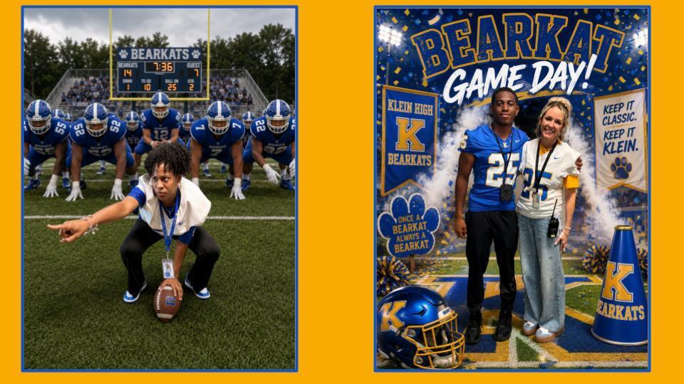 Two images: one with a football player on a field, another with two people in team uniforms and a game day poster.